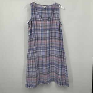 J Jill Love Linen sleeveless shift dress purple pink plaid pocket Small PETITE